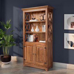 Livreiro Estante Rústica com Prateleiras Detalhe X em Madeira Maciça com 2 Portas - Natural - 1