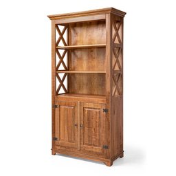 Livreiro Estante Rústica com Prateleiras Detalhe X em Madeira Maciça com 2 Portas - Natural - 2