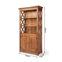Livreiro Estante Rústica com Prateleiras Detalhe X em Madeira Maciça com 2 Portas - Natural - 3