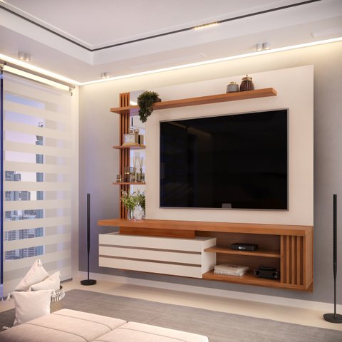 Painel Home Suspenso para Tv até 55" Marin Off White Freijo Dj Móveis