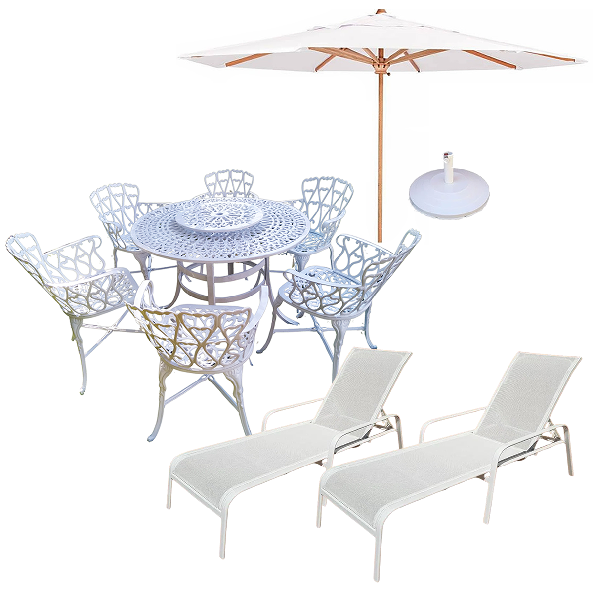Conjunto de Jardim e Piscina Viena Mesa 1,25m Giratória 6 Cadeiras, Guarda Sol e 2 Espreguiçadeiras - 1