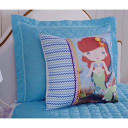 Cobre Leito Infantil para Meninas Sereia com Almofada Customizada 4 Peças - Azul - 2