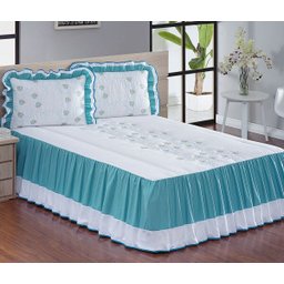 Colcha Casal Queen Tifanne Micro Fibra Bordada com Babado 5 Peças - Azul - 1