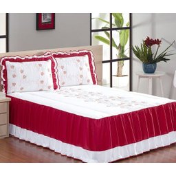 Colcha Casal Queen Tifanne Micro Fibra Bordada com Babado 5 Peças - Vermelha - 1