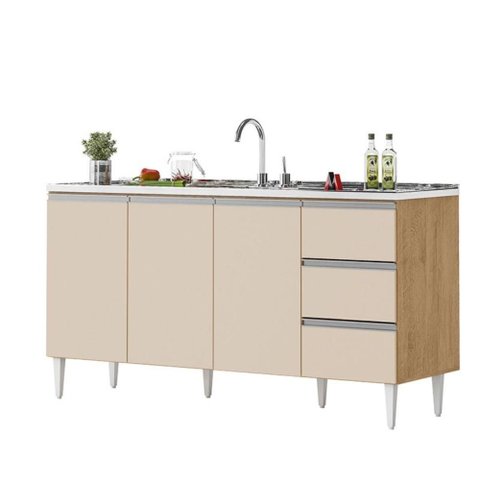 Balcão Salvador 1,60 Mt 3 Gavetas 3 Portas 100% Mdf Amêndoa Off