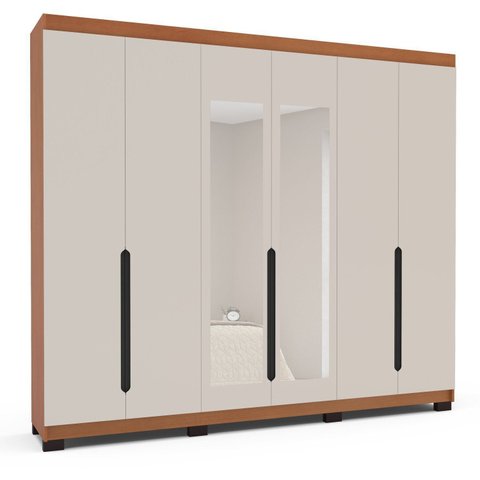 Guarda-Roupa Casal 6 Portas com Espelho Madrid Bege/Creme/Freijó