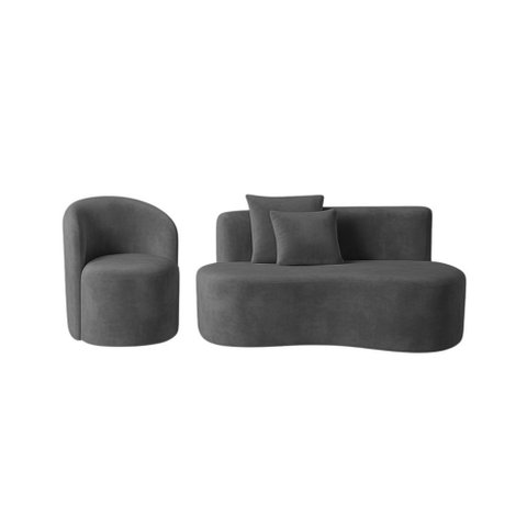 Conjunto 01 Poltrona + Sofá Curvo Orgânico Nature Gaia Veludo Cinza - Montanaris Decor