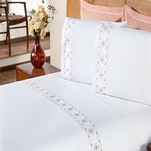 Jogo de Cama Damasco Queen Branco e Salmão - 04 Peças