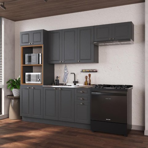 Armário de Cozinha Modulada Compacta Fidelitá Nara 100% MDF 4 Peças 270cm 12 Portas 2 Gavetas sem
