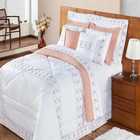Kit Edredom Damasco King Branco e Salmão - 11 Peças
