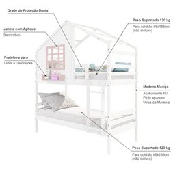 Beliche Casinha com Janela Madeira Maciça Branco/ Rosa Housin - 3