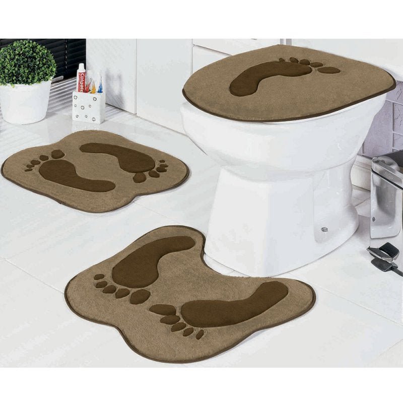 Jogo de Tapetes de Banheiro 3 Peças Formato Pegada Cáqui