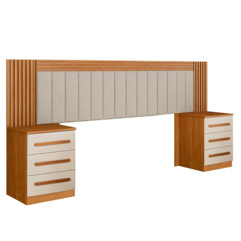 Cabeceira Valência Estofada Ripada e 2 Mesas de Cabeceiras Benetil Cinamomo/off White
