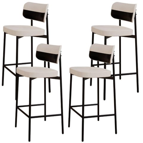 Kit 04 Banquetas Alta Bar Cozinha Sala de Jantar Aço Preto Kaira C01 Linho Palha Courino Preto -