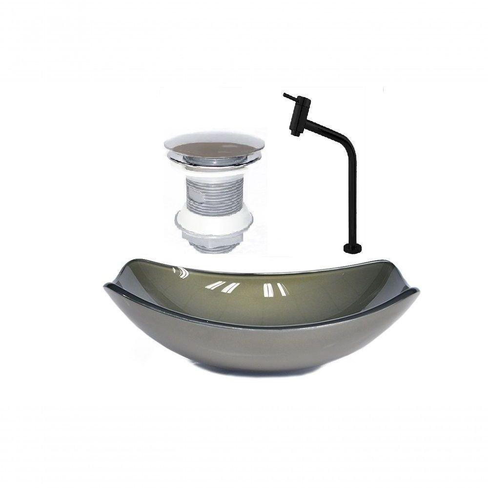 Cuba de Vidro Oval 46cm Ouro + Valvula + Torneira Preta - 1