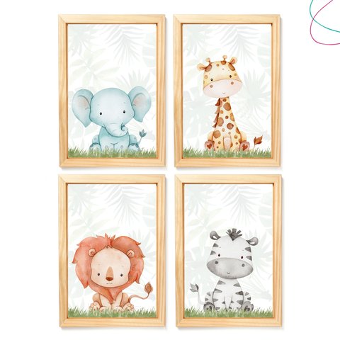 Kit 4 Quadros Decorativos Safari Aquarela Baby Moldura Vidro:pinus
