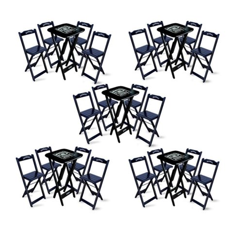 Kit 5 Conjuntos de Mesa Bistrô Dobrável Jack Daniel's com 4 Banquetas de Madeira Preta