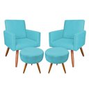 Ver imagem 1 de Kit 2 Poltronas e 2 Puffs Banqueta Redonda Nina Suede Azul Turquesa Pés Palito Castanho - Pallazio