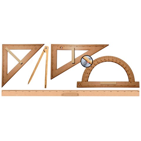 Kit Geométrico do Professor Mdf Com Régua 1 Metro, 1 Compasso Para Giz 40 cm, 1 Esquadro 30/60 Graus