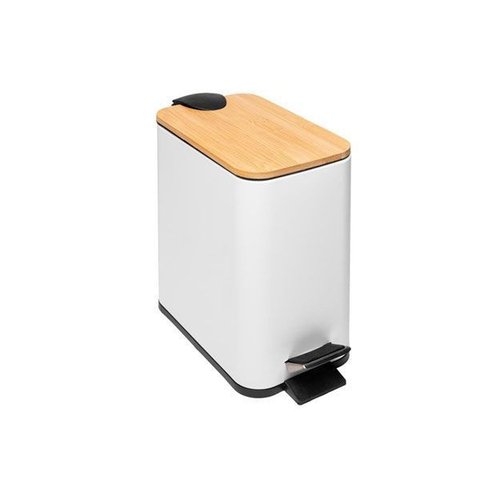Lixeira Quadrada Metal Pedal e Tampa em Bambu Branca 5l Lyor