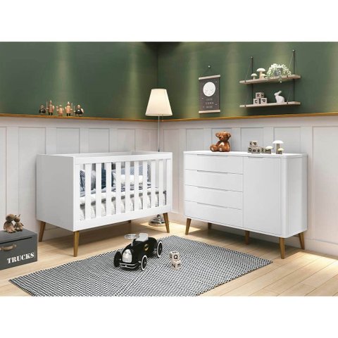 Kit Quarto Infantil com Pés Retrô Mel - Berço Mini Cama Noah + Cômoda Boom 4 Gavetas e 1 Porta - Bra