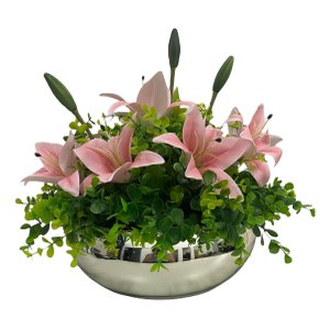 Arranjo Grande Centro Mesa Lírio Rosa Artificial Vaso Prata Decore Fácil Shop