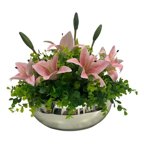 Arranjo Grande Centro Mesa Lírio Rosa Artificial Vaso Prata Decore Fácil Shop