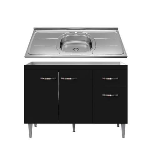 Balcão Gabinete Com Pia Inox 120cm 3 Portas e 1 Gaveta Gabriela Preto - AJL Móveis