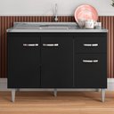 Ver imagem 1 de Balcão Gabinete Com Pia Inox 120cm 3 Portas e 1 Gaveta Gabriela Preto - AJL Móveis