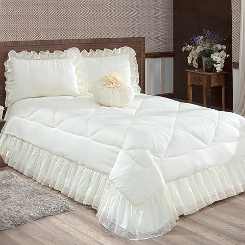 Colcha Casal Queen Coleção Charme Renda 04 Peças - Palha