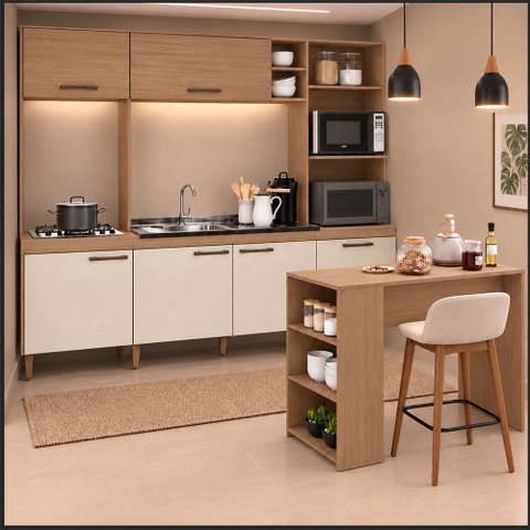 Kit Cozinha Compacta Roma com Bancada Menu Móveis Off White/Freijó