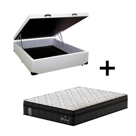 Cama Box Baú Casal Sintético Branco com Colchão de Molas Ensacadas - Madrid - Probel - Preto