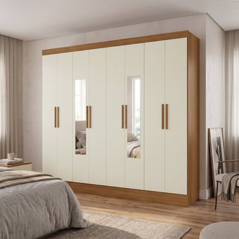 Guarda-Roupa Casal com Espelho MDF 8 Portas 4 Gavetas Casuá Cinamomo/Off-White