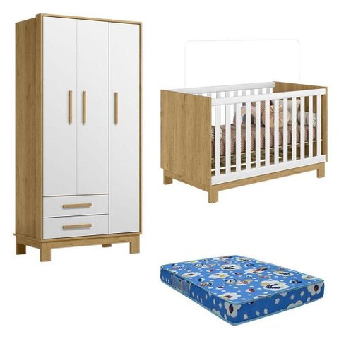 Berço Americano 4315 e Guarda Roupa 4340 Q Encanto Slim Freijó Toq Branco Acetinado com Colchão