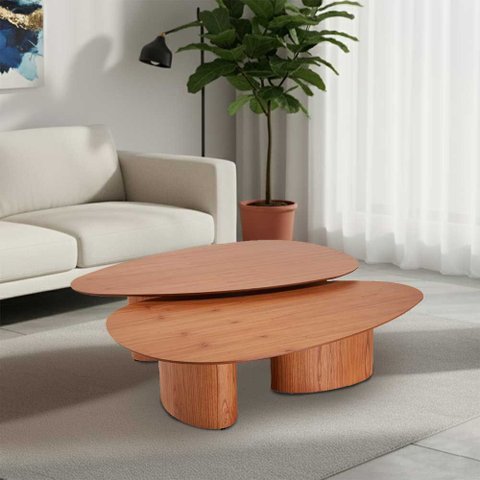 Conjunto com 2 Mesas de Centro Redonda Sala de Estar 120cm Ecos Base Madeira Maciça Mel