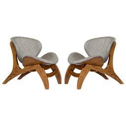 Kit 2 Poltronas Estofada Decorativa Pérola 76 x 72 Cm Madeira Maciça Imbuia Linho Cinza L55 - 1