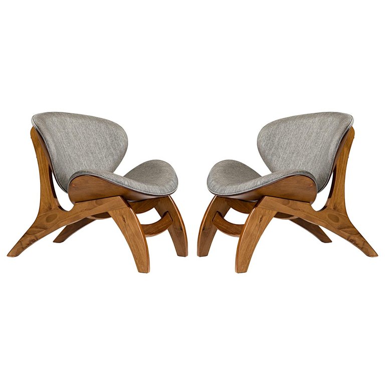 Kit 2 Poltronas Estofada Decorativa Pérola 76 x 72 Cm Madeira Maciça Imbuia Linho Cinza L55