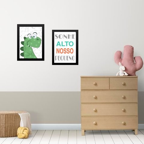 Kit 2 Quadros Infantis Sonhe Alto - Dinossauro 45x34cm - com Vidro:madeira Preta