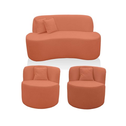 Kit 2 Poltrona com Sofá Curvo 2 Lugares Feijão Forma Orgânica 1,50 Bouclé Maranata