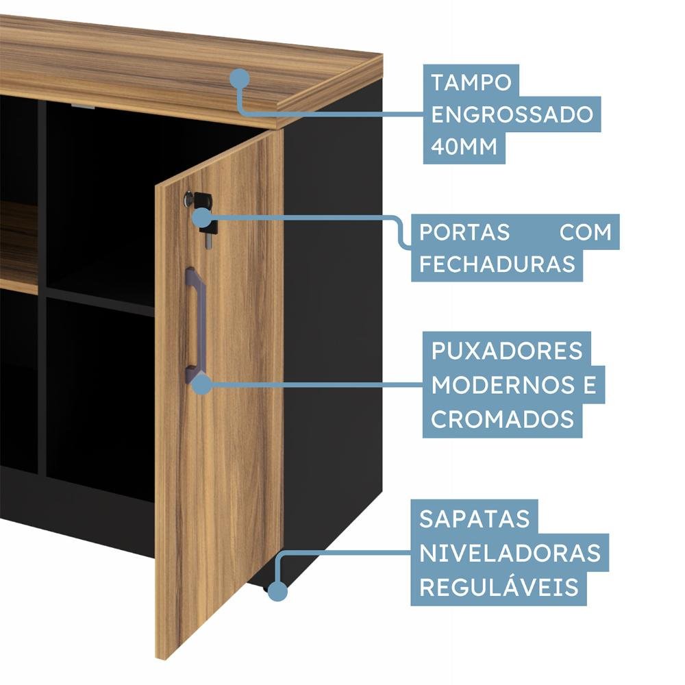 Armário Baixo para Escritório 1,20m Tampo 40mm Nogal Pr F5 Cor:nogal com Preto - 16