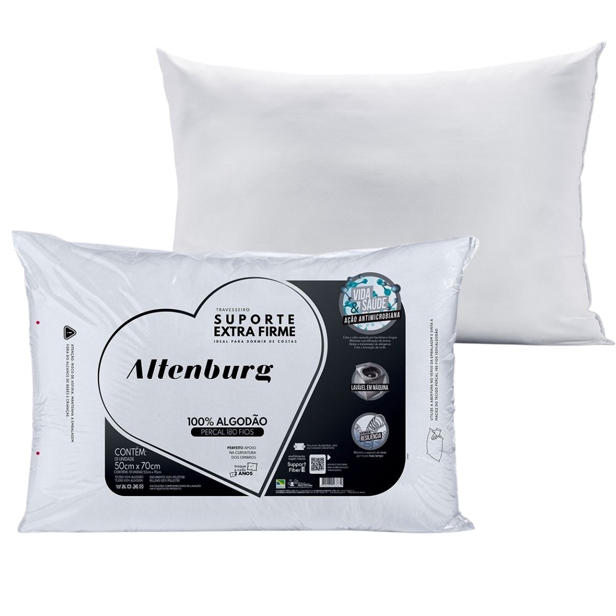Travesseiro Altenburg Suporte Extra Firme Percal 180 Fios Branco - 3