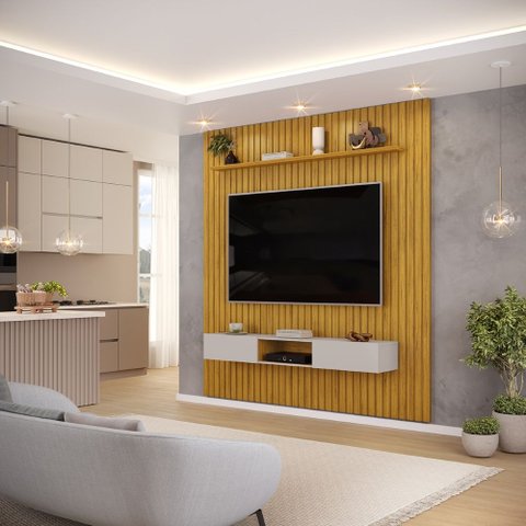 Conjunto com Painel Ripado e Bancada Suspensa 223cm Trento para Sala de Estar Cedro Bali DJ Móveis