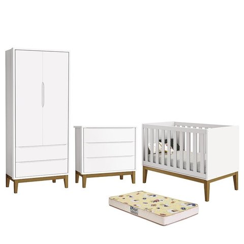 Dormitório Infantil Classic 2 Portas, Cômoda, Berço Branco com Pés Amadeirado e Colchão D18 - Reller