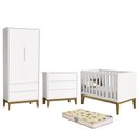 Ver imagem 1 de Dormitório Infantil Classic 2 Portas, Cômoda, Berço Branco com Pés Amadeirado e Colchão D18 - Reller