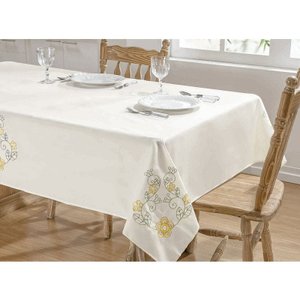 Toalha de Mesa Bordada 2,20M x 1,40M Dália Palha e Amarelo
