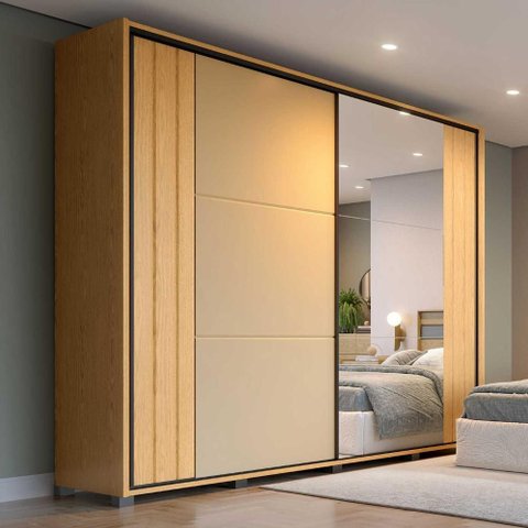 Guarda Roupa Casal 2,6m Portas de Correr 4 Gavetas 100% Mdf Cor:carvalho Mel com Off White Gloss