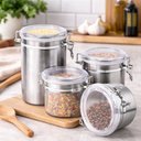 Ver imagem 2 de Kit 4 Potes Porta Mantimentos Inox Hermetico Conjunto Tampa Vedaçao Cafe Alimentos Premium Completo