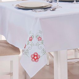 Toalha de Mesa Bordada 2,20M x 1,40M Dália Branco e Vermelho - 2
