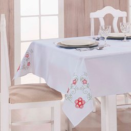 Toalha de Mesa Bordada 2,20M x 1,40M Dália Branco e Vermelho - 1