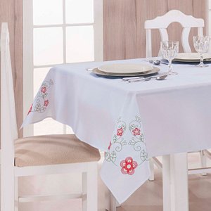 Toalha de Mesa Bordada 2,20M x 1,40M Dália Branco e Vermelho